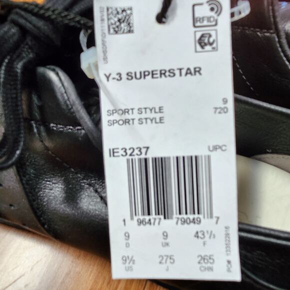 Mens Size 9.5 Adidas Sneakers Y-3 Superstar Low Top Athletic Triple Black IE3237 main image 4